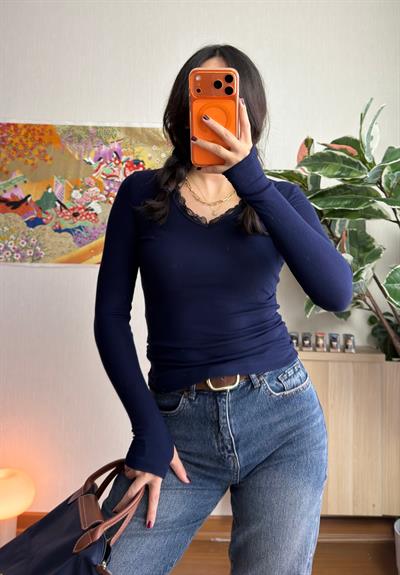 Nagina Dantel V Yaka Body Lacivert