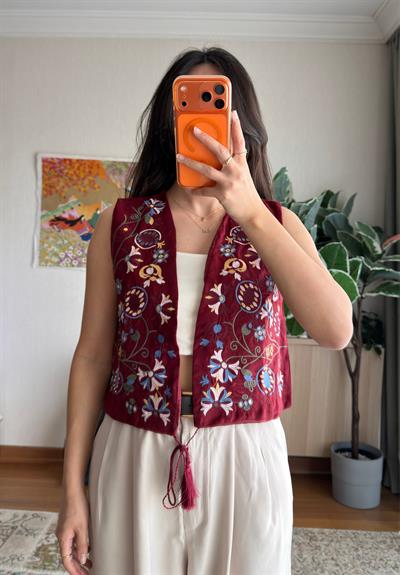 Nakışlı Suni Süet Yelek Bordo
