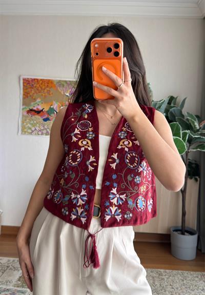 Nakışlı Suni Süet Yelek Bordo