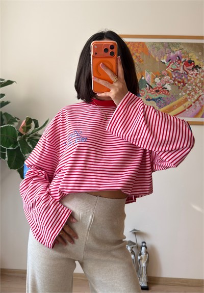 Paris Baskılı Çizgili Oversize Sweatshirt