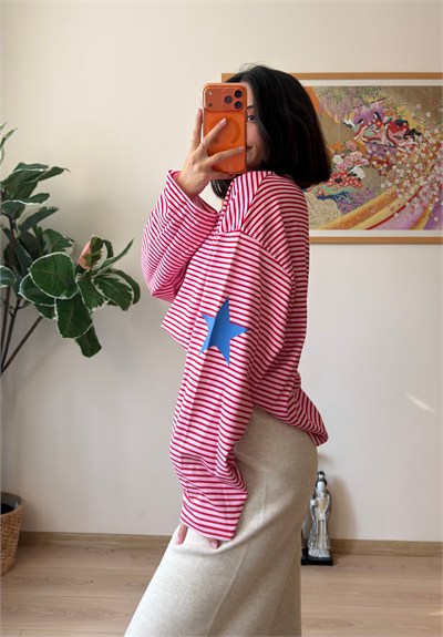Paris Baskılı Çizgili Oversize Sweatshirt