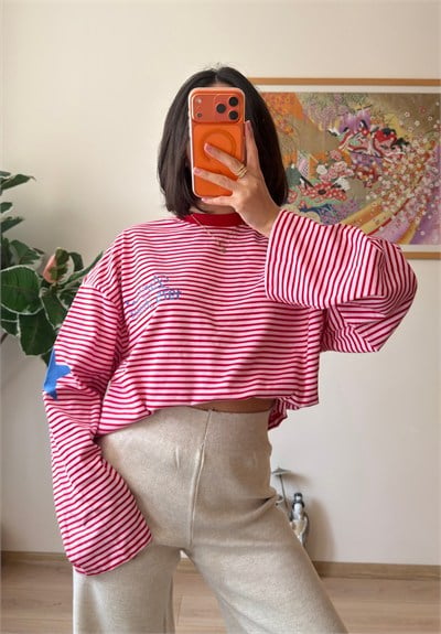 Paris Baskılı Çizgili Oversize Sweatshirt