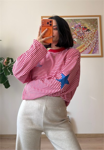 Paris Baskılı Çizgili Oversize Sweatshirt