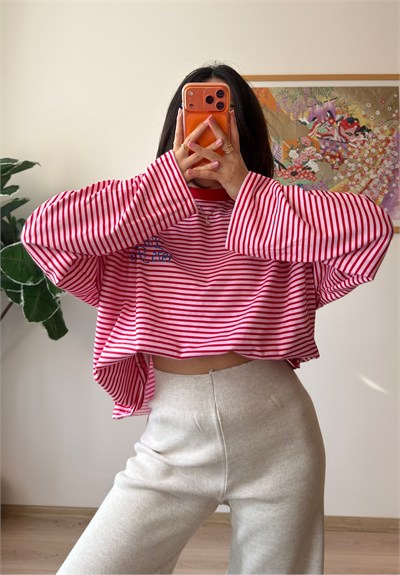 Paris Baskılı Çizgili Oversize Sweatshirt