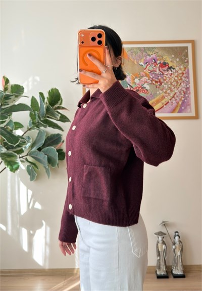 Polo Yaka Cepli Hırka Bordo