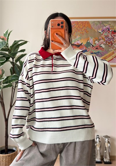 Polo Yaka Çizgili Oversize Triko Kazak Ekru