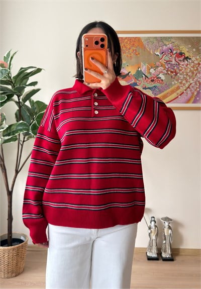 Polo Yaka Çizgili Oversize Triko Kazak Kırmızı