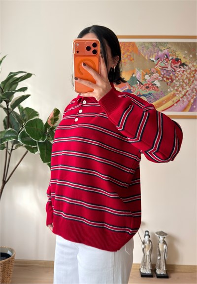 Polo Yaka Çizgili Oversize Triko Kazak Kırmızı