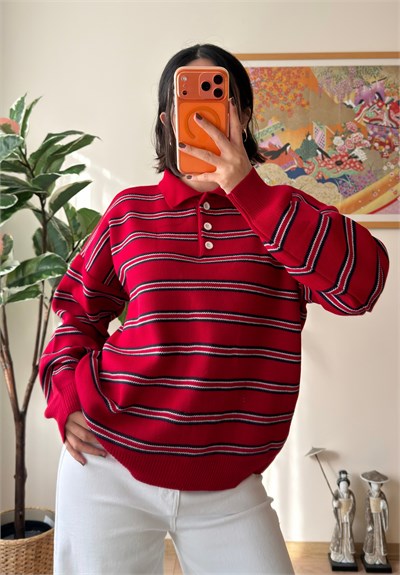 Polo Yaka Çizgili Oversize Triko Kazak Kırmızı