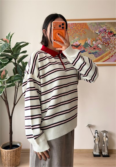 Polo Yaka Çizgili Oversize Triko Kazak Ekru