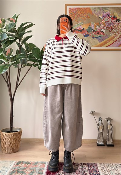 Polo Yaka Çizgili Oversize Triko Kazak Ekru
