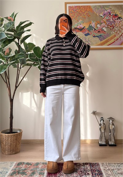 Polo Yaka Çizgili Oversize Triko Kazak Siyah