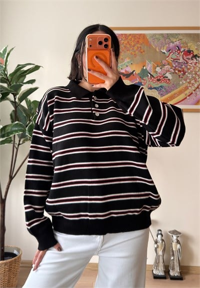 Polo Yaka Çizgili Oversize Triko Kazak Siyah