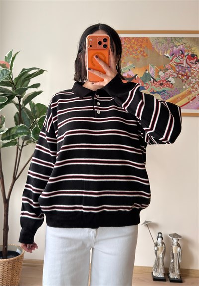 Polo Yaka Çizgili Oversize Triko Kazak Siyah