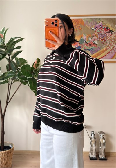 Polo Yaka Çizgili Oversize Triko Kazak Siyah