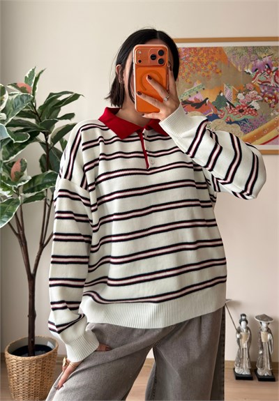 Polo Yaka Çizgili Oversize Triko Kazak Ekru
