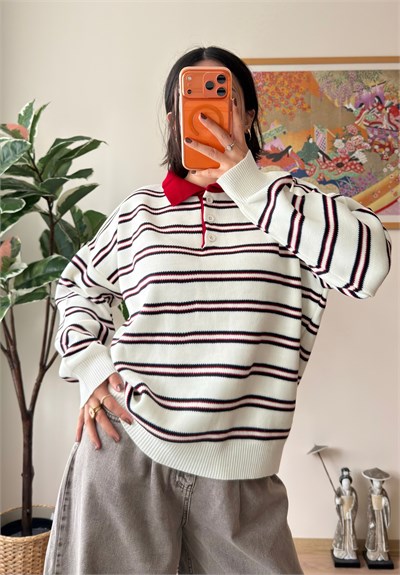 Polo Yaka Çizgili Oversize Triko Kazak Ekru