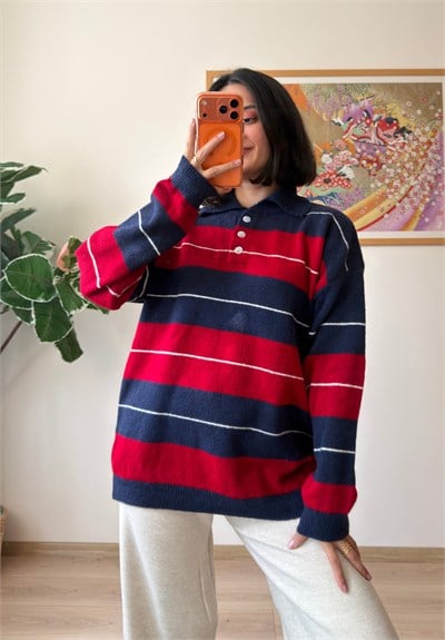 Polo Yaka Çizgili Yumoş Oversize Triko Kazak Lacivert