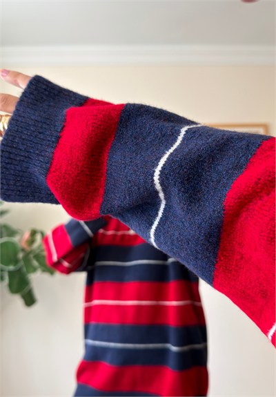 Polo Yaka Çizgili Yumoş Oversize Triko Kazak Lacivert