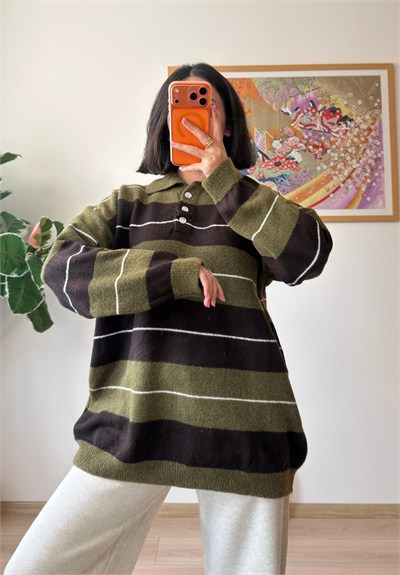 Polo Yaka Çizgili Yumoş Oversize Triko Kazak Haki