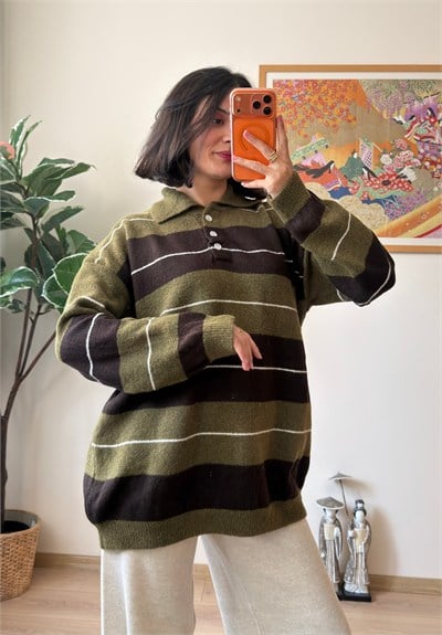 Polo Yaka Çizgili Yumoş Oversize Triko Kazak Haki