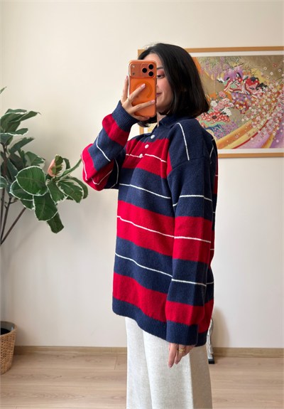 Polo Yaka Çizgili Yumoş Oversize Triko Kazak Lacivert