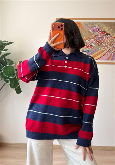 Polo Yaka Çizgili Yumoş Oversize Triko Kazak Lacivert