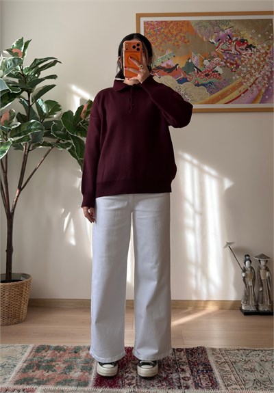 Polo Yaka Düğmeli Oversize Triko Kazak Bordo