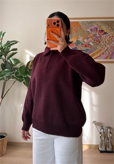 Polo Yaka Düğmeli Oversize Triko Kazak Bordo