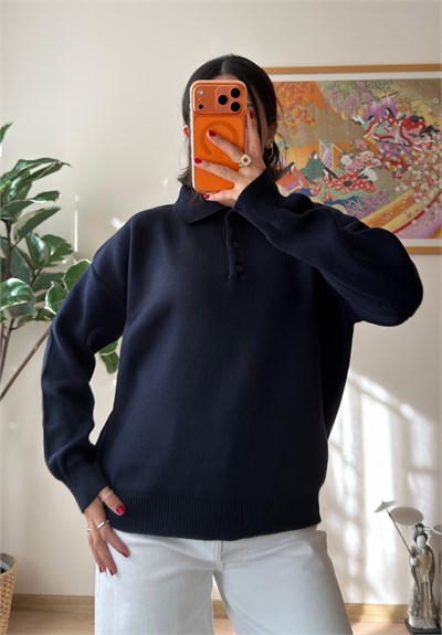 Polo Yaka Düğmeli Oversize Triko Kazak Lacivert