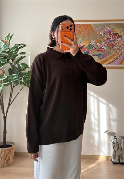 Polo Yaka Düğmeli Oversize Triko Kazak Kahve