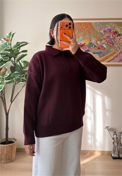 Polo Yaka Düğmeli Oversize Triko Kazak Bordo