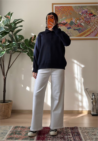 Polo Yaka Düğmeli Oversize Triko Kazak Lacivert