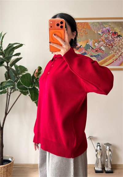 Polo Yaka Düğmeli Oversize Triko Kazak Kırmızı