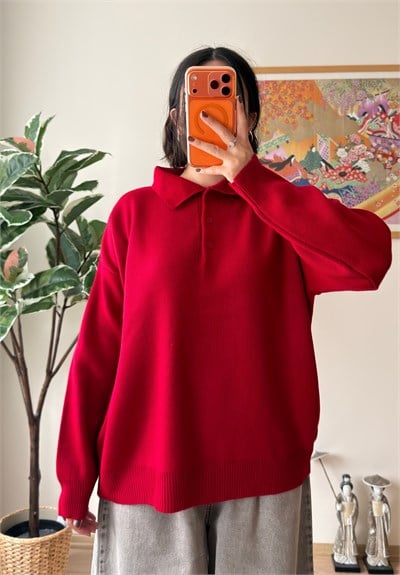 Polo Yaka Düğmeli Oversize Triko Kazak Kırmızı