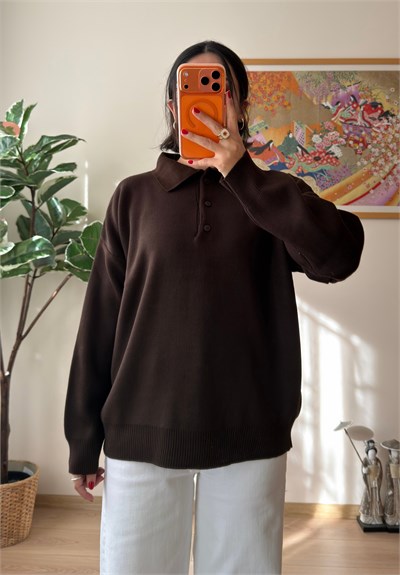 Polo Yaka Düğmeli Oversize Triko Kazak Kahve
