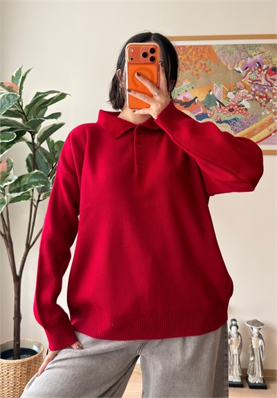 Polo Yaka Düğmeli Oversize Triko Kazak Kırmızı