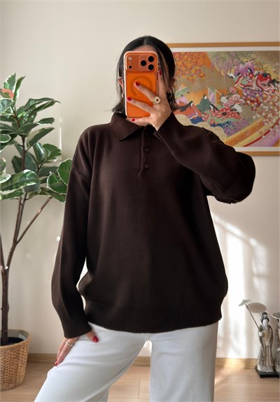 Polo Yaka Düğmeli Oversize Triko Kazak Kahve