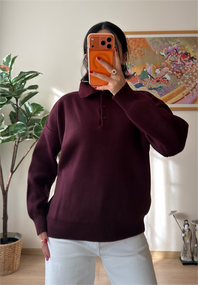 Polo Yaka Düğmeli Oversize Triko Kazak Bordo