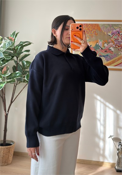 Polo Yaka Düğmeli Oversize Triko Kazak Lacivert