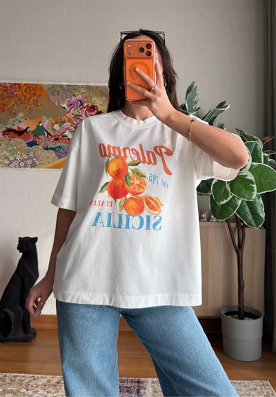 Portakal Baskılı Vintage T-Shirt 