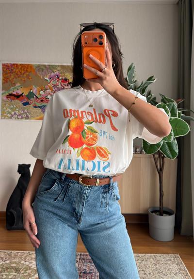 Portakal Baskılı Vintage T-Shirt 