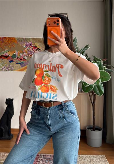 Portakal Baskılı Vintage T-Shirt 