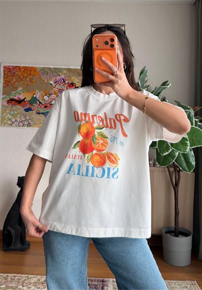 Portakal Baskılı Vintage T-Shirt 