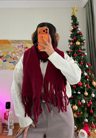 Püsküllü Yumuşak Doku Atkı Bordo