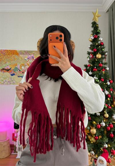Püsküllü Yumuşak Doku Atkı Bordo