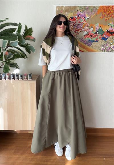 Reina Beli Lastikli Etek Haki