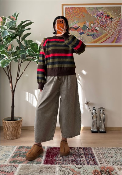 Renkli Çizgili Oversize Triko Kazak Kahve