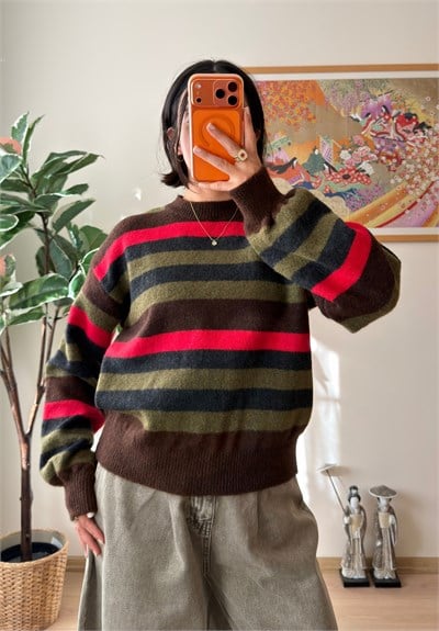 Renkli Çizgili Oversize Triko Kazak Kahve