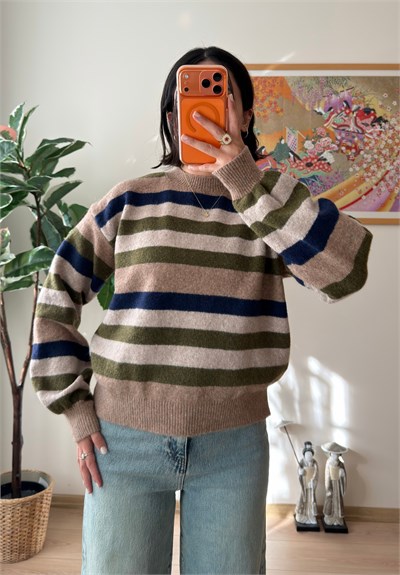 Renkli Çizgili Oversize Triko Kazak Vizon